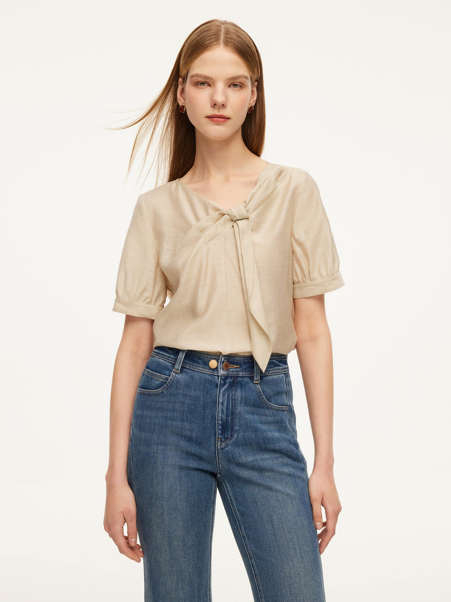 Tencel Acetate Linen Blend Tie Neck Women Blouse