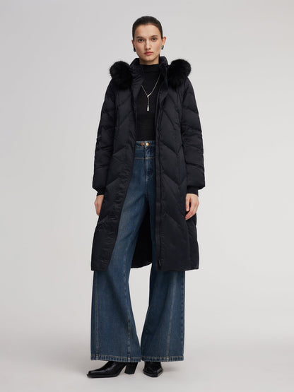 Gathered Waist Long Goose Down Garment With Faux-Fur Collar