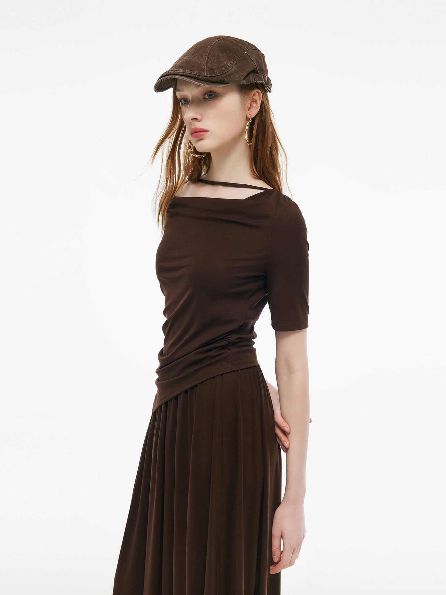Tencel Blend Stretchy Knit Top And A-Line Skirt Two-Piece Set