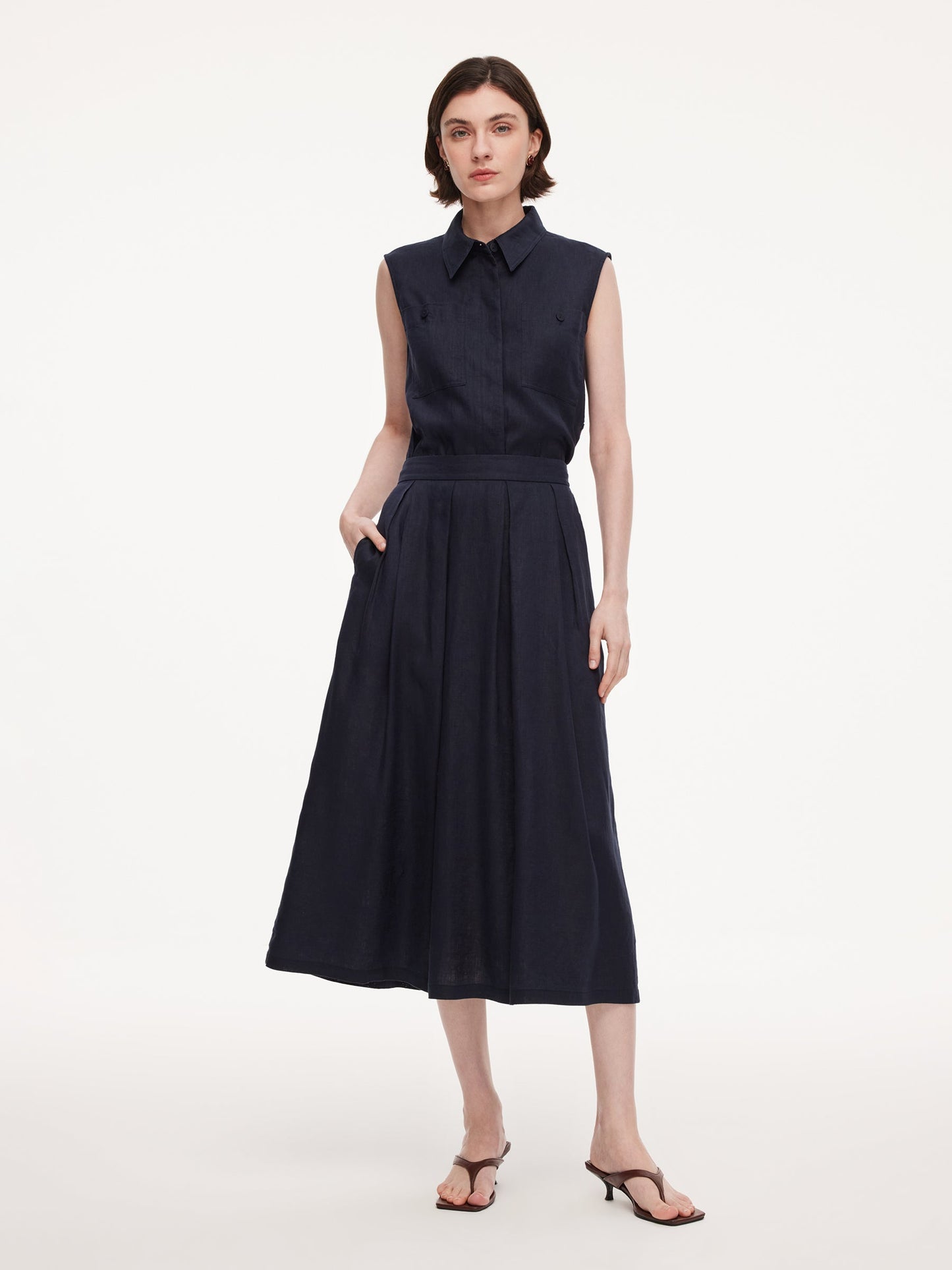 100% Linen Sleeveless Blouse And Skirt Two-Piece Set With Braided Belt