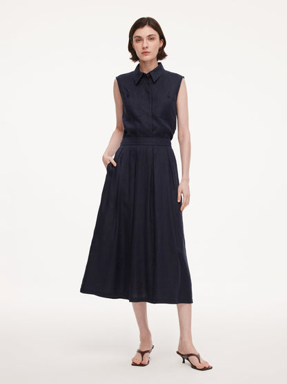 100% Linen Sleeveless Blouse And Skirt Two-Piece Set With Braided Belt