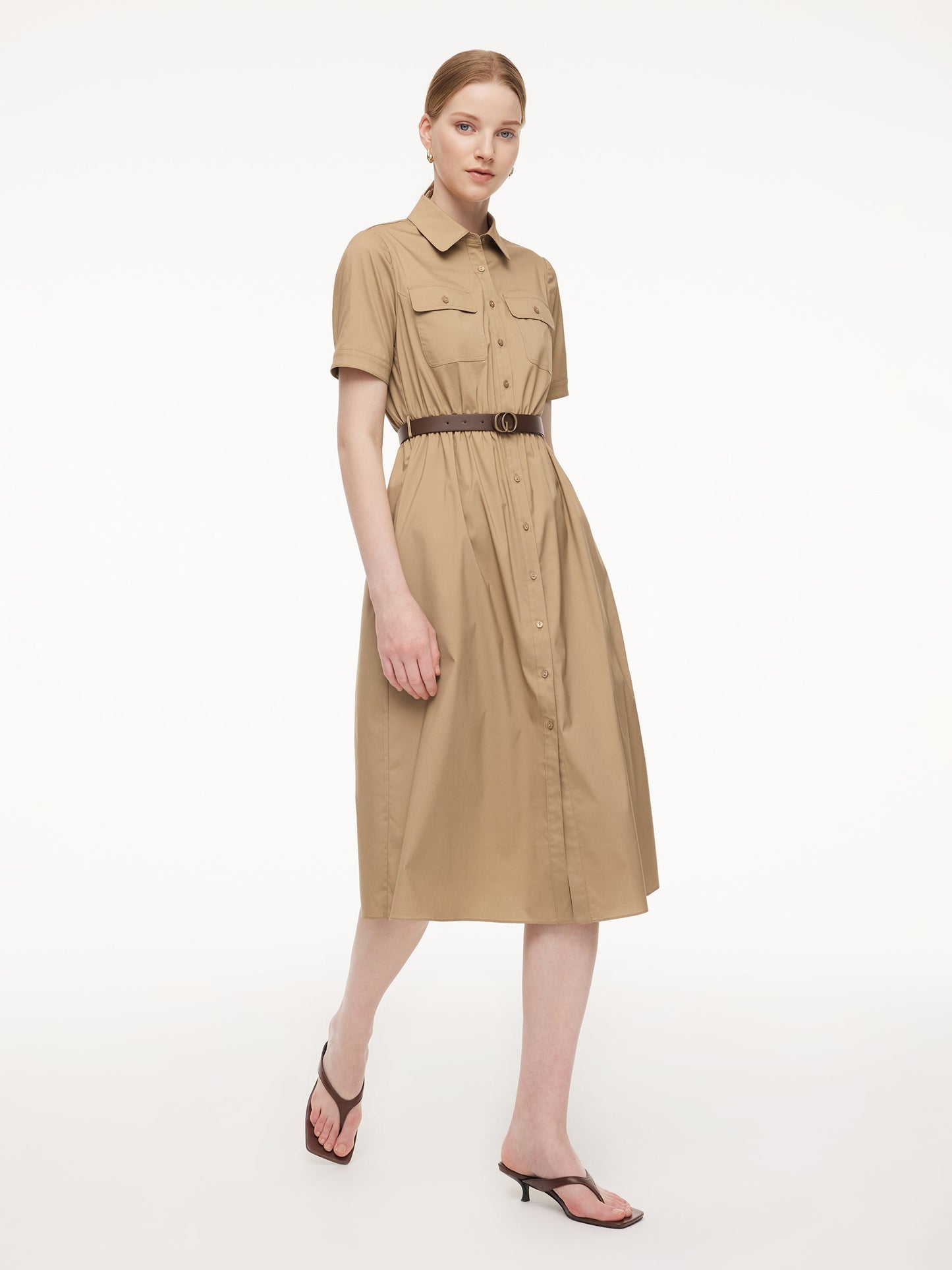 Cotton Blend Women Midi Shirt Dress With Leather Belt