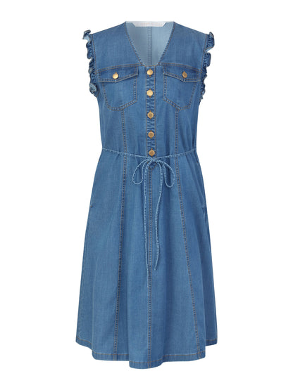 Lyocell Blend Denim V-Neck Women Sleeveless Midi Dress