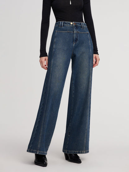 100% Cotton Brushed Denim Straight Wide Leg Women Jeans