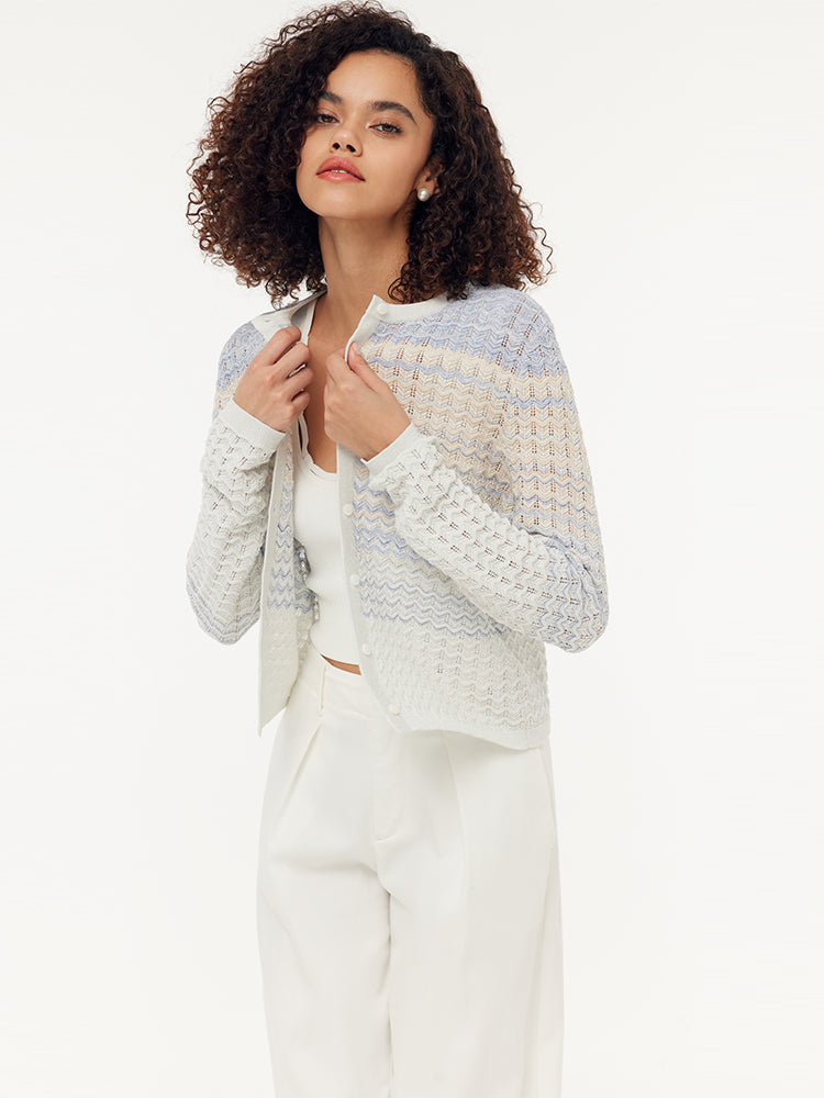 Cotton Blue And White Gradient Stripe Women Cardigan