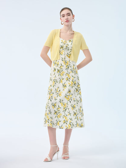 Cotton Lemon Print Strap Dress And Cardigan Two-Piece Set