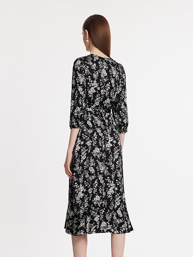 Camellia Print V-Neck Ruffle Hem Women Midi Wrap Dress