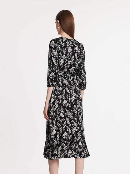 Camellia Print V-Neck Ruffle Hem Women Midi Wrap Dress