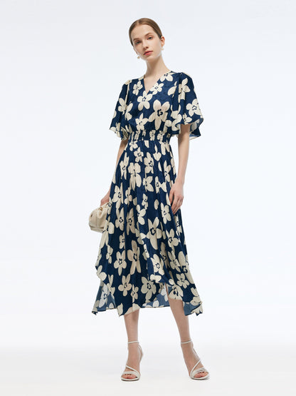 Batwing Sleeve V-Neck Women Asymmetric Hem Maxi Dress