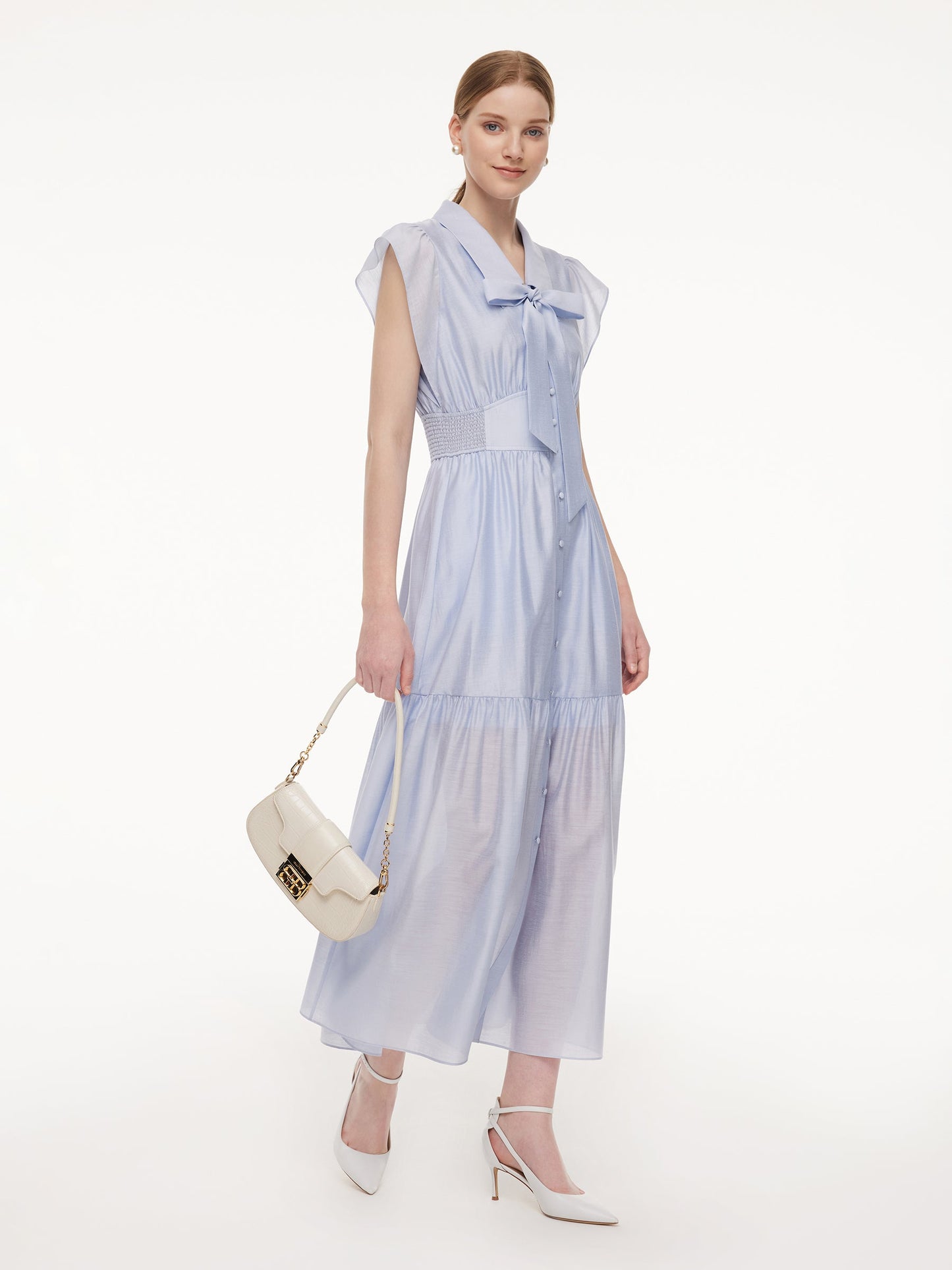 Tencel Acetate Blend Ruffle Cap Sleeve Women Maxi Dress With Ribbon