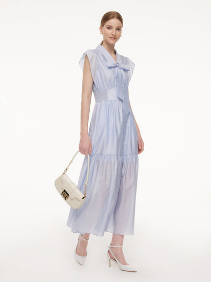 Tencel Acetate Blend Ruffle Cap Sleeve Women Maxi Dress With Ribbon
