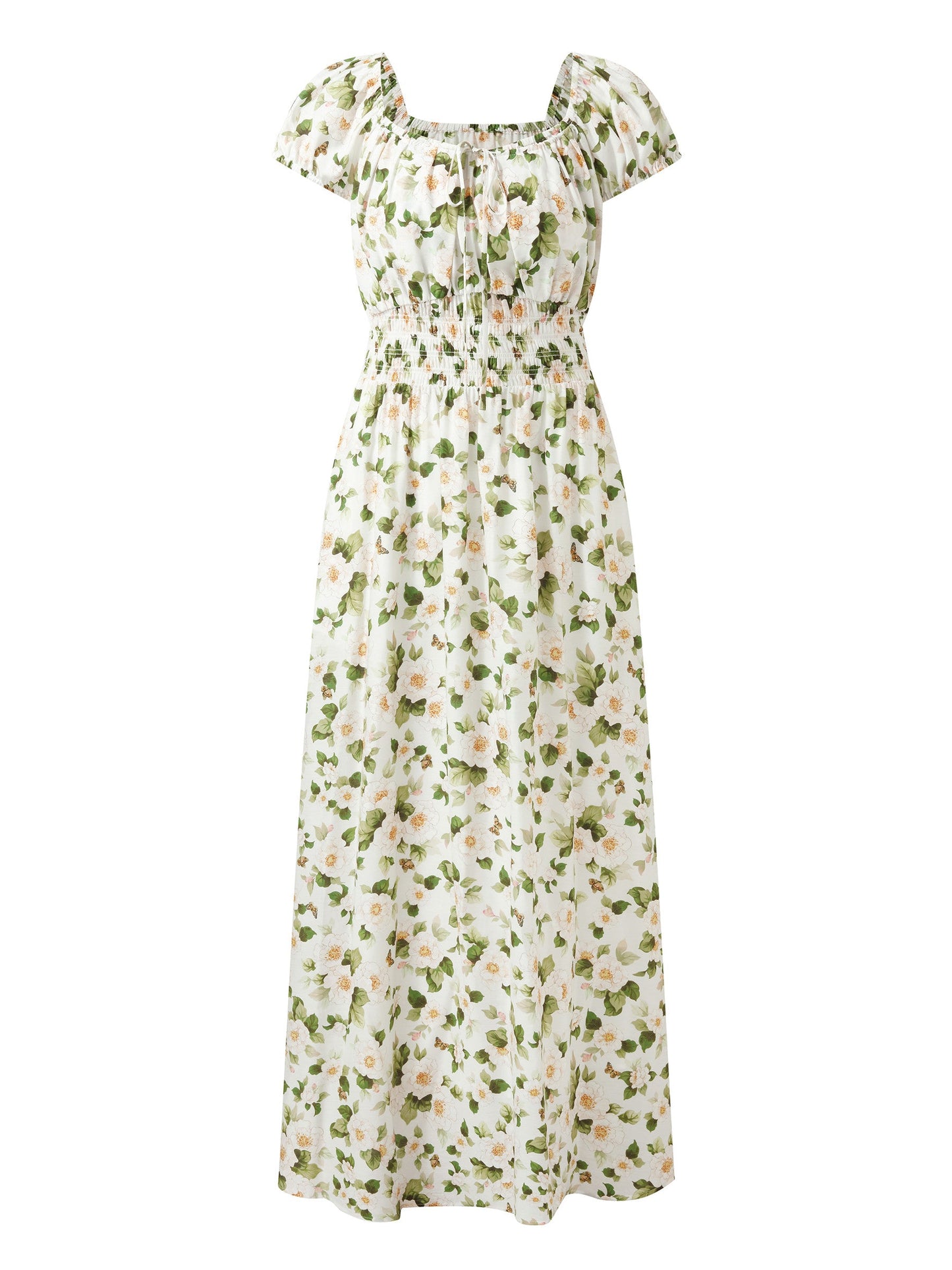 Acetate Blend Floral Print Adjustable Drawstring Neckline Women Maxi Dress