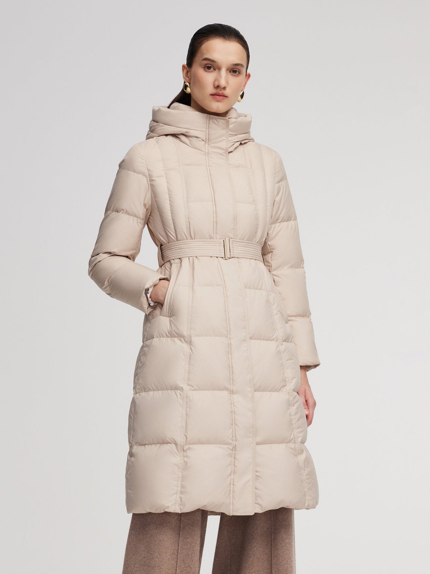 Windproof Hooded Goose Down Coat With Belt