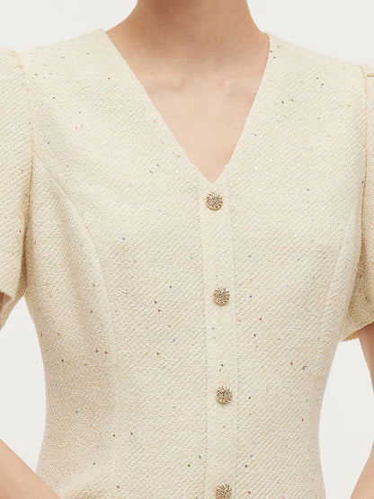 Pre-Order Tweed Sequins V-Neck Ruffle Hem Women Mini Dress
