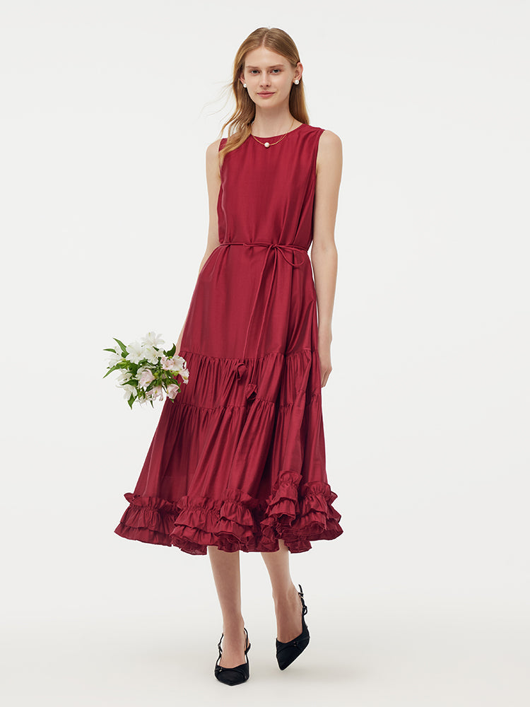 Tencel Ruffle Hem Women Tiered Vest Midi Dress With Slip Dress And Belt