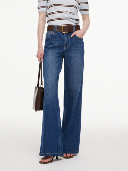 Lyocell Blend Denim Women Flared Palazzo Jeans With Belt