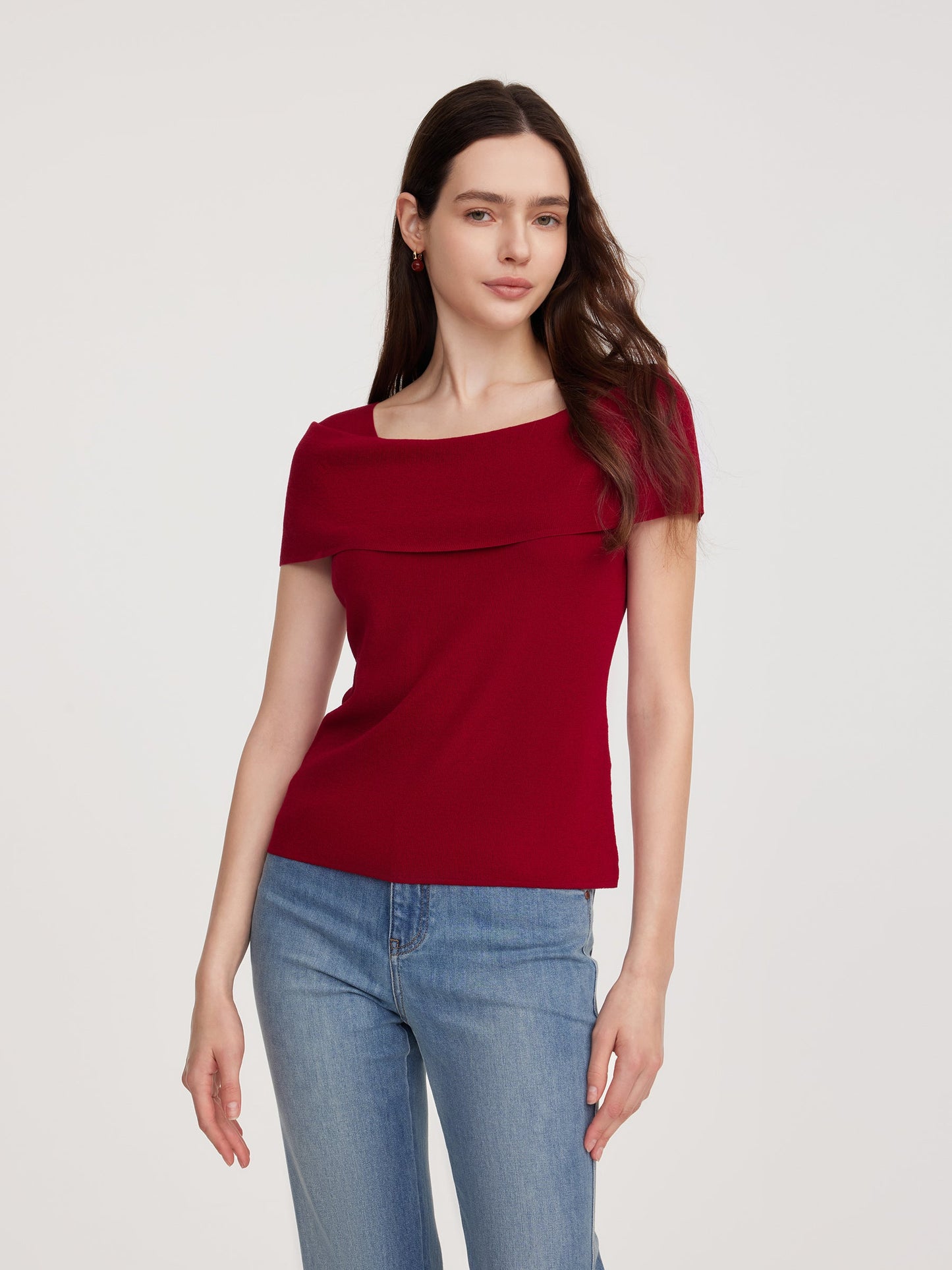 Lyocell Blend Off Shoulder Women Knit Top With Detachable Magnetic Flower