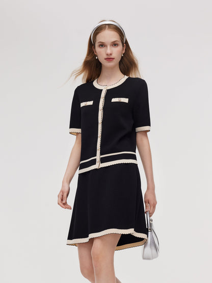 Lyocell Blend Contrast Trim Cardigan And Mini Skirt Two-Piece Set