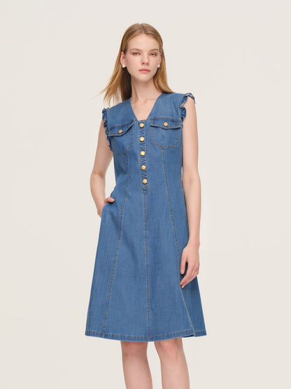 Lyocell Blend Denim V-Neck Women Sleeveless Midi Dress