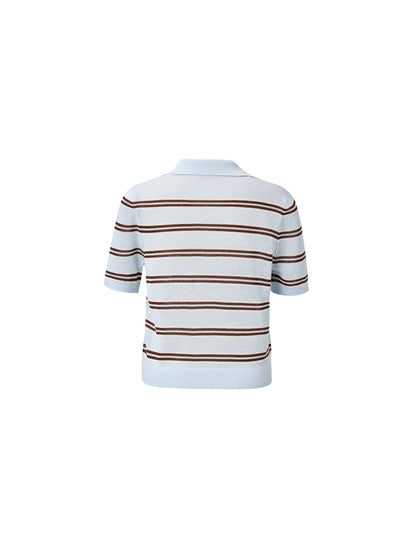 Navy Combo Stripe Women Polo Knit Top