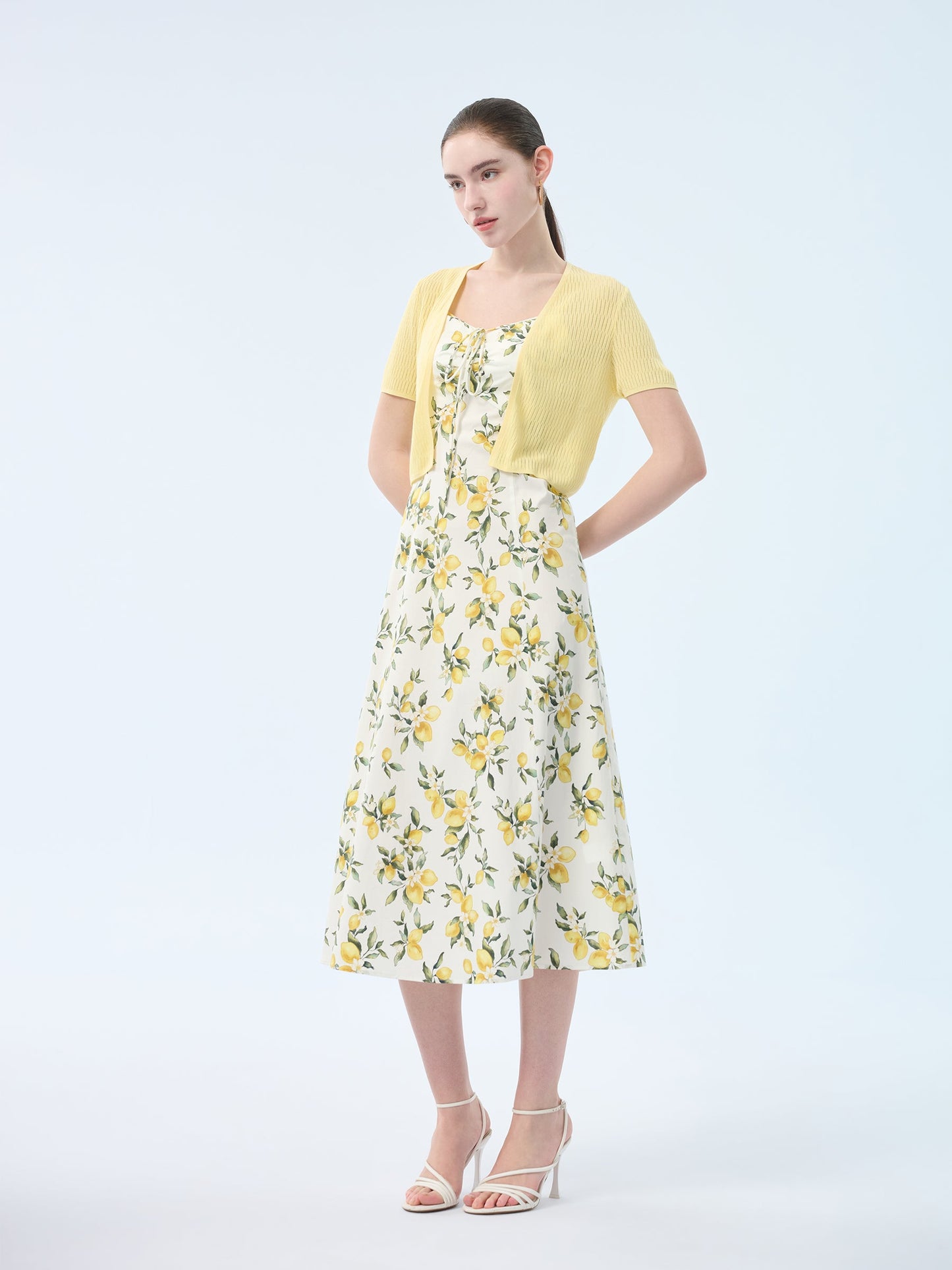 Cotton Lemon Print Strap Dress And Cardigan Two-Piece Set