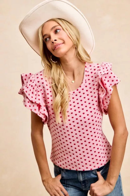 BiBi Heart Patterned Knit Ruffled Sleeves Top