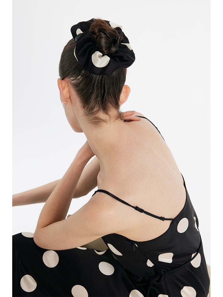 Acetate Polka Dots Print Spaghetti Strap Women Midi Dress With Rose Belt