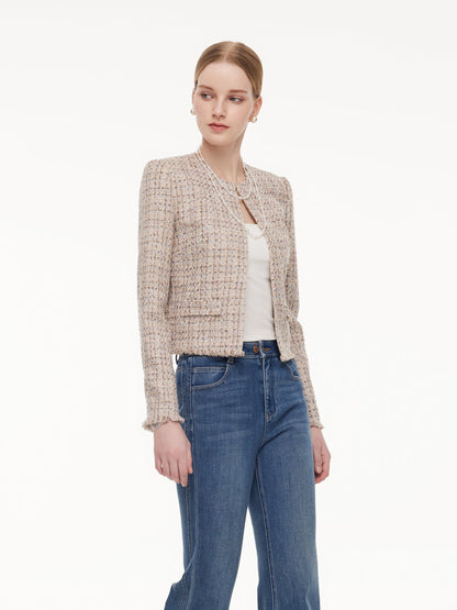 Wool Blend Textured Tweed Frayed Hem Women Jacket
