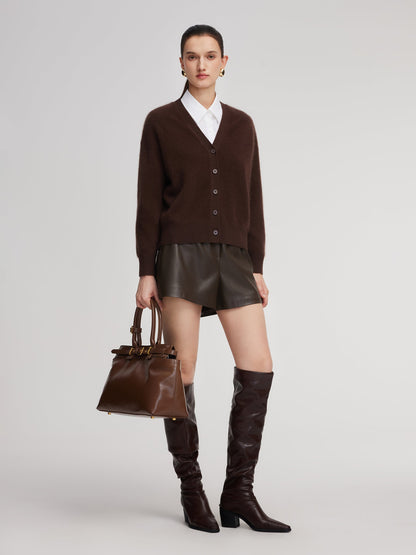 100% Brushed Wool V-Neck Women Cardigan