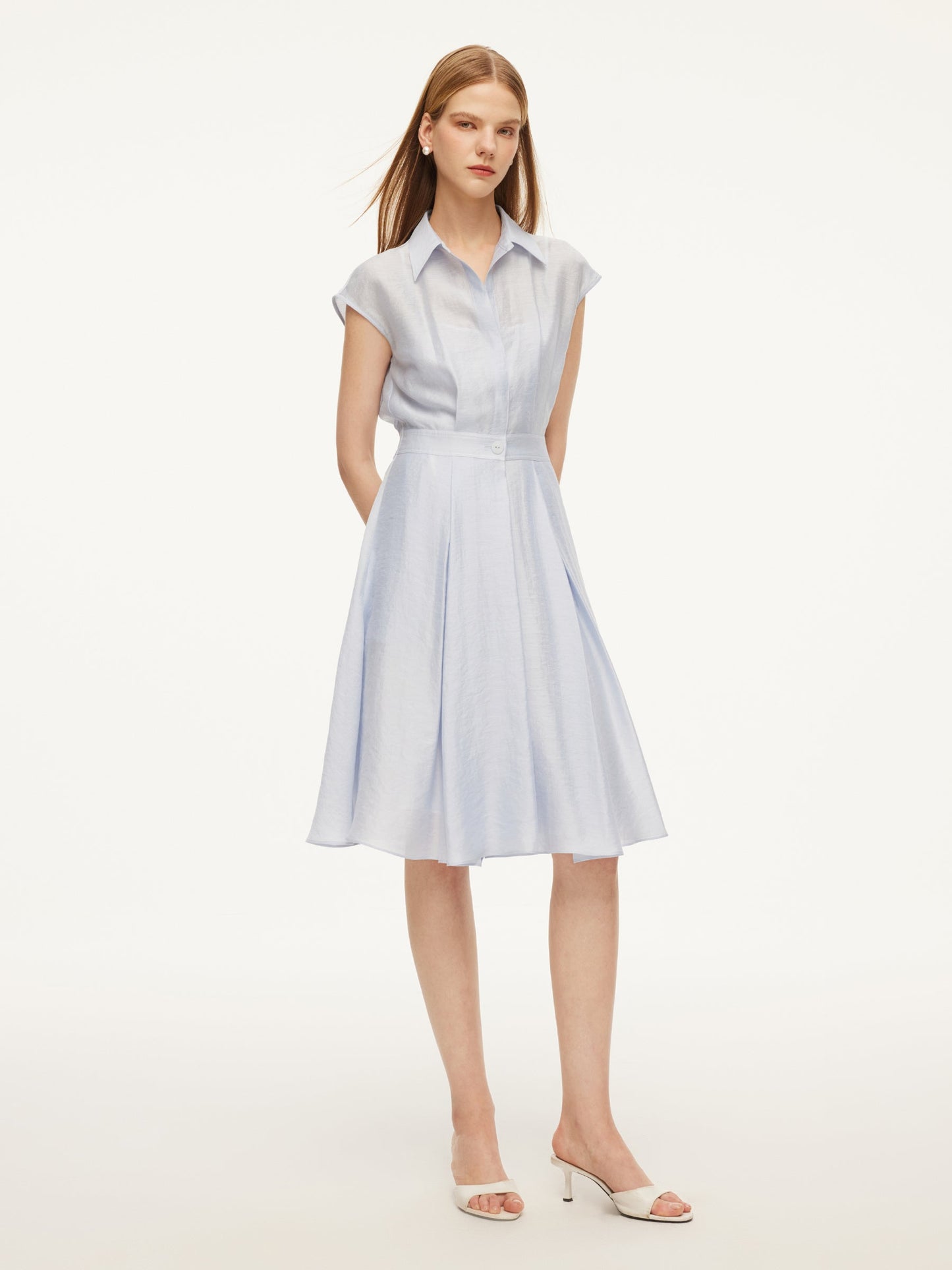 Tencel Acetate Linen Blend Cap Sleeve Women Midi Shirt Dress