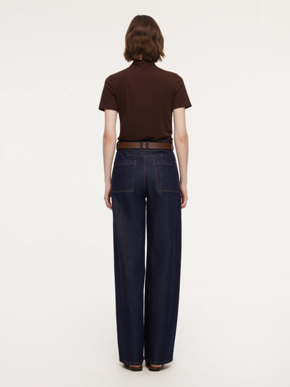 Denim Curved-Leg Women Jeans With Leather Belt
