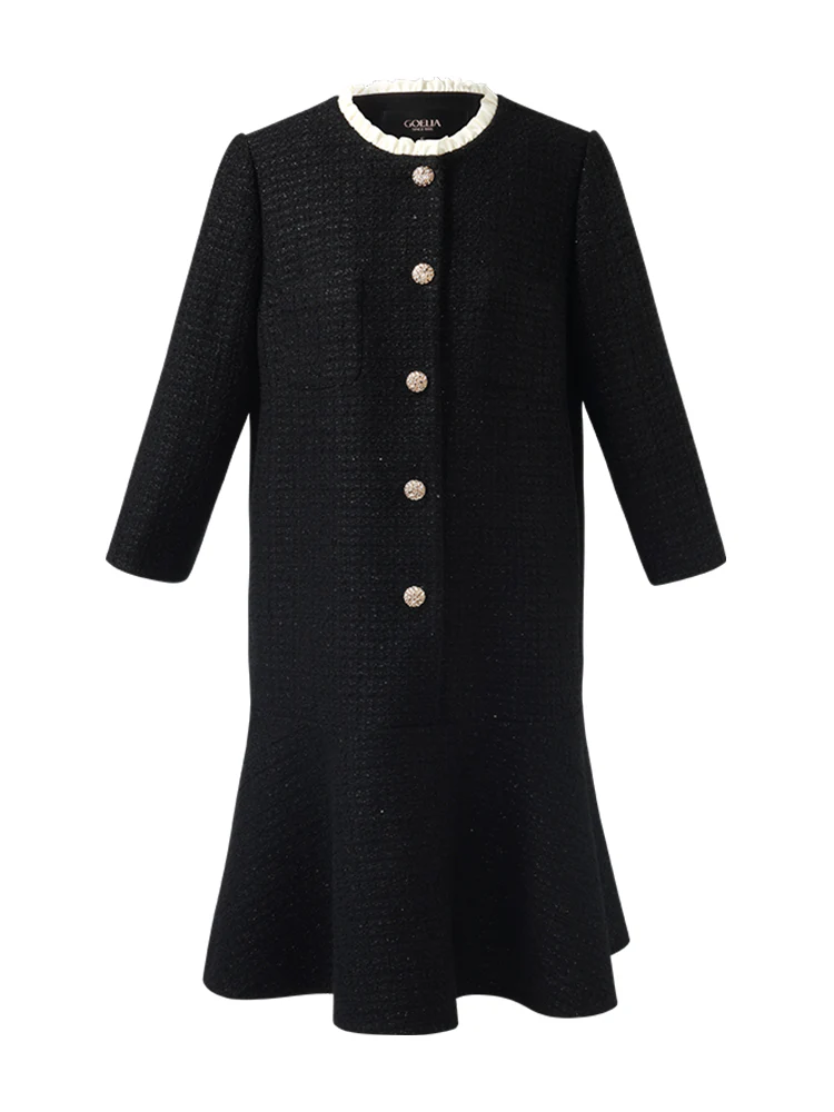 Tweed A-Line Ruffle Collared Women Midi Dress