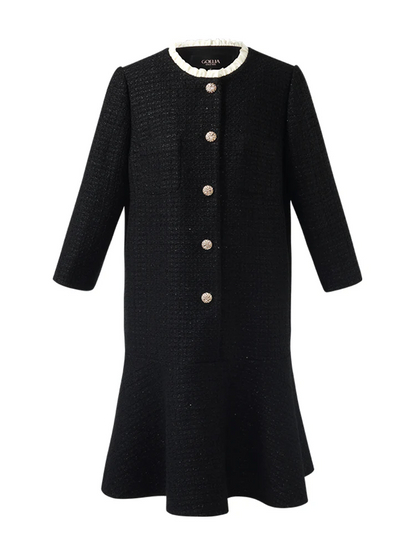 Tweed A-Line Ruffle Collared Women Midi Dress