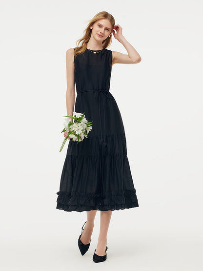 Tencel Ruffle Hem Women Tiered Vest Midi Dress With Slip Dress And Belt