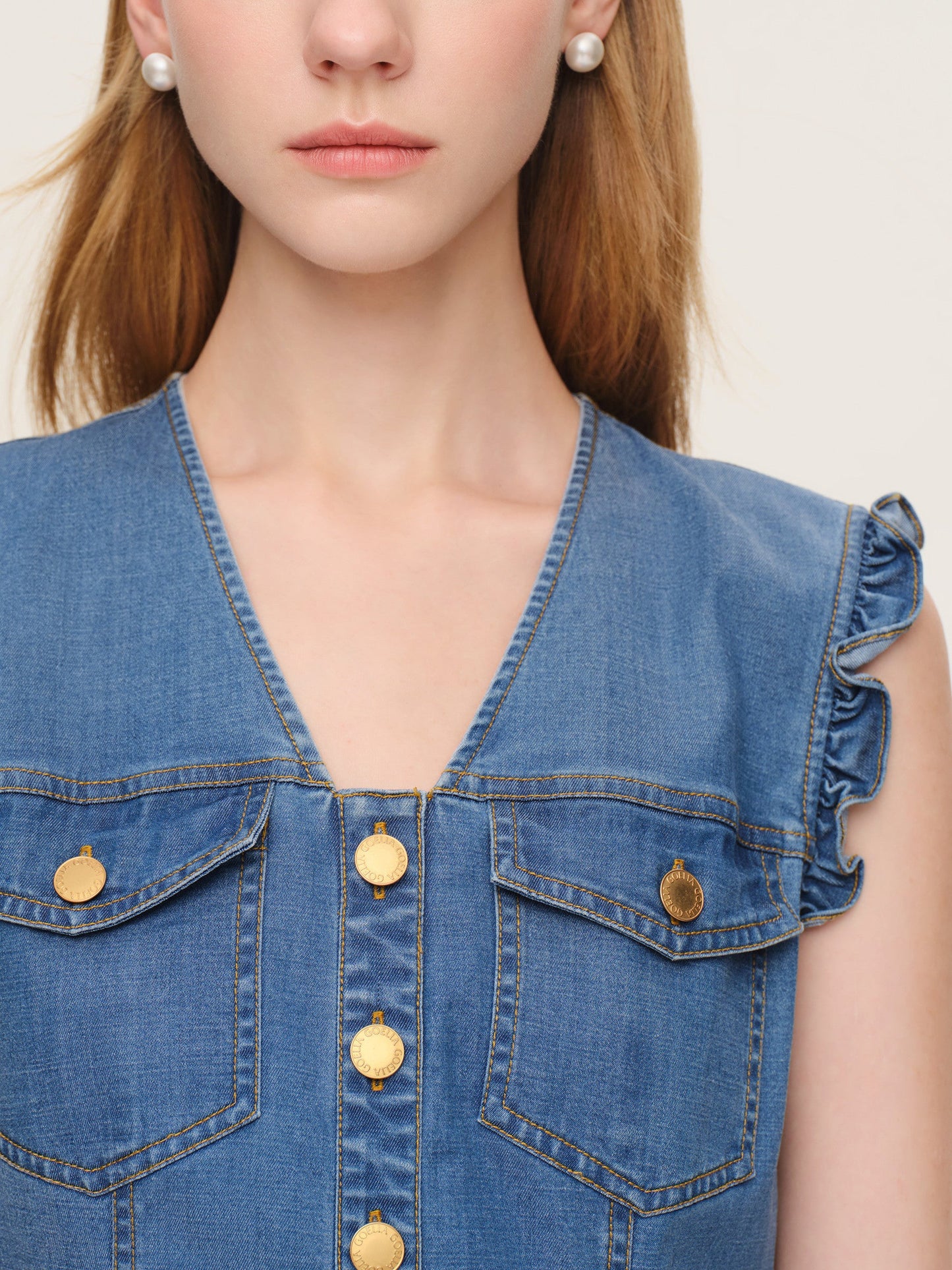 Lyocell Blend Denim V-Neck Women Sleeveless Midi Dress