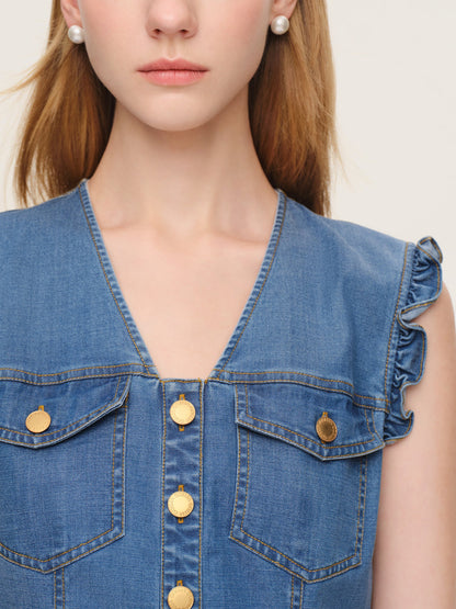 Lyocell Blend Denim V-Neck Women Sleeveless Midi Dress