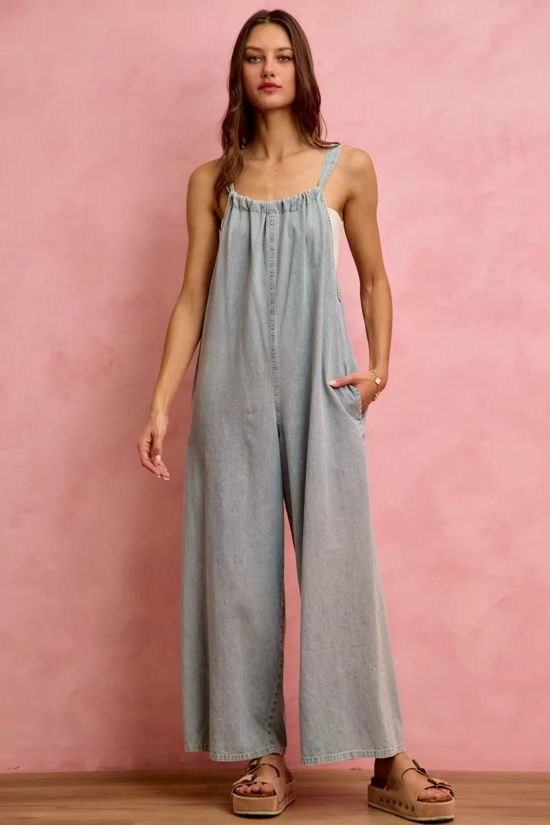 SO ME Wide Leg Lightweight Denim Overalls