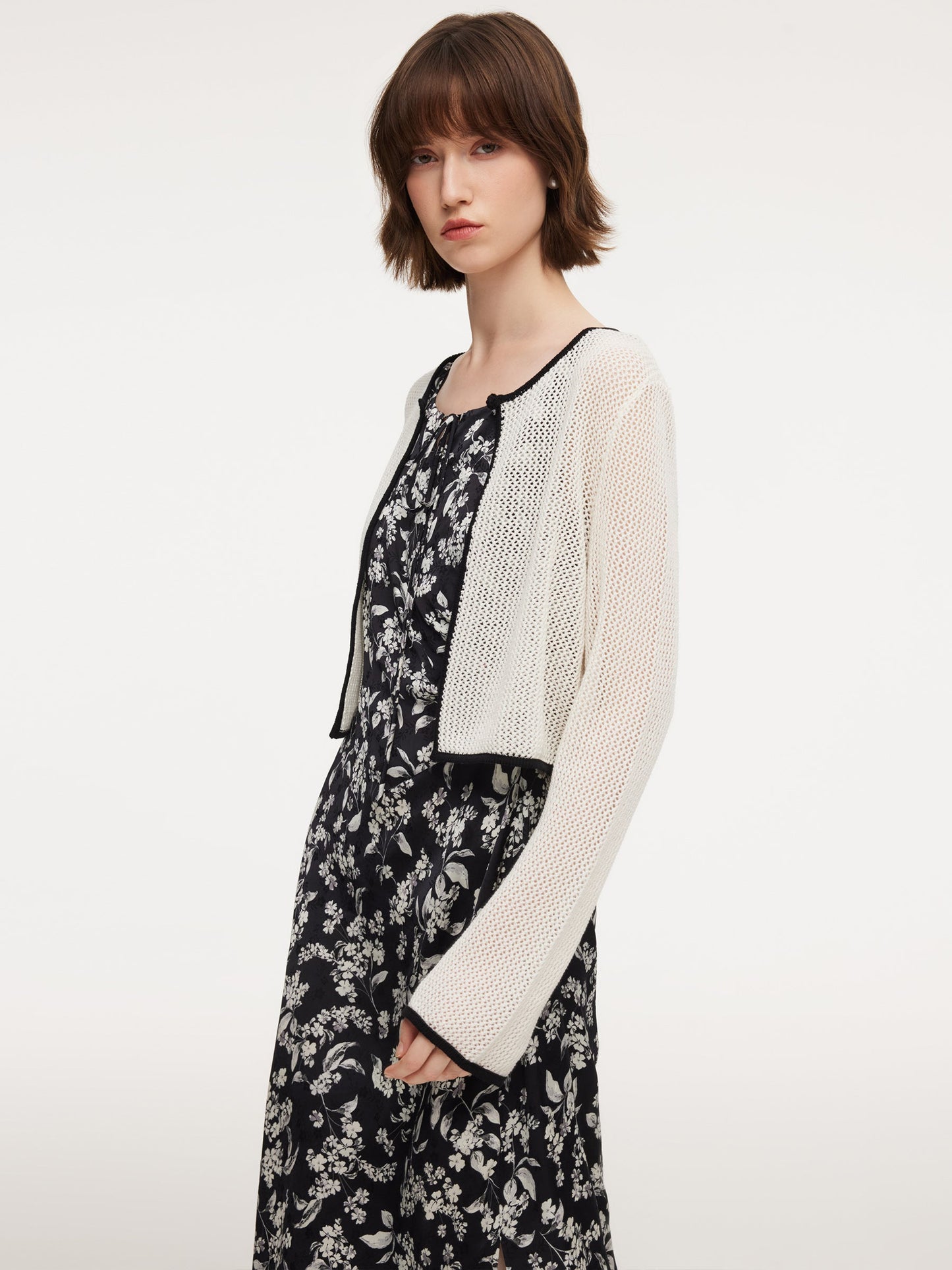 Contrast Trim Openwork Cardigan And Floral Print Sleeveless Dress Two-Piece Set