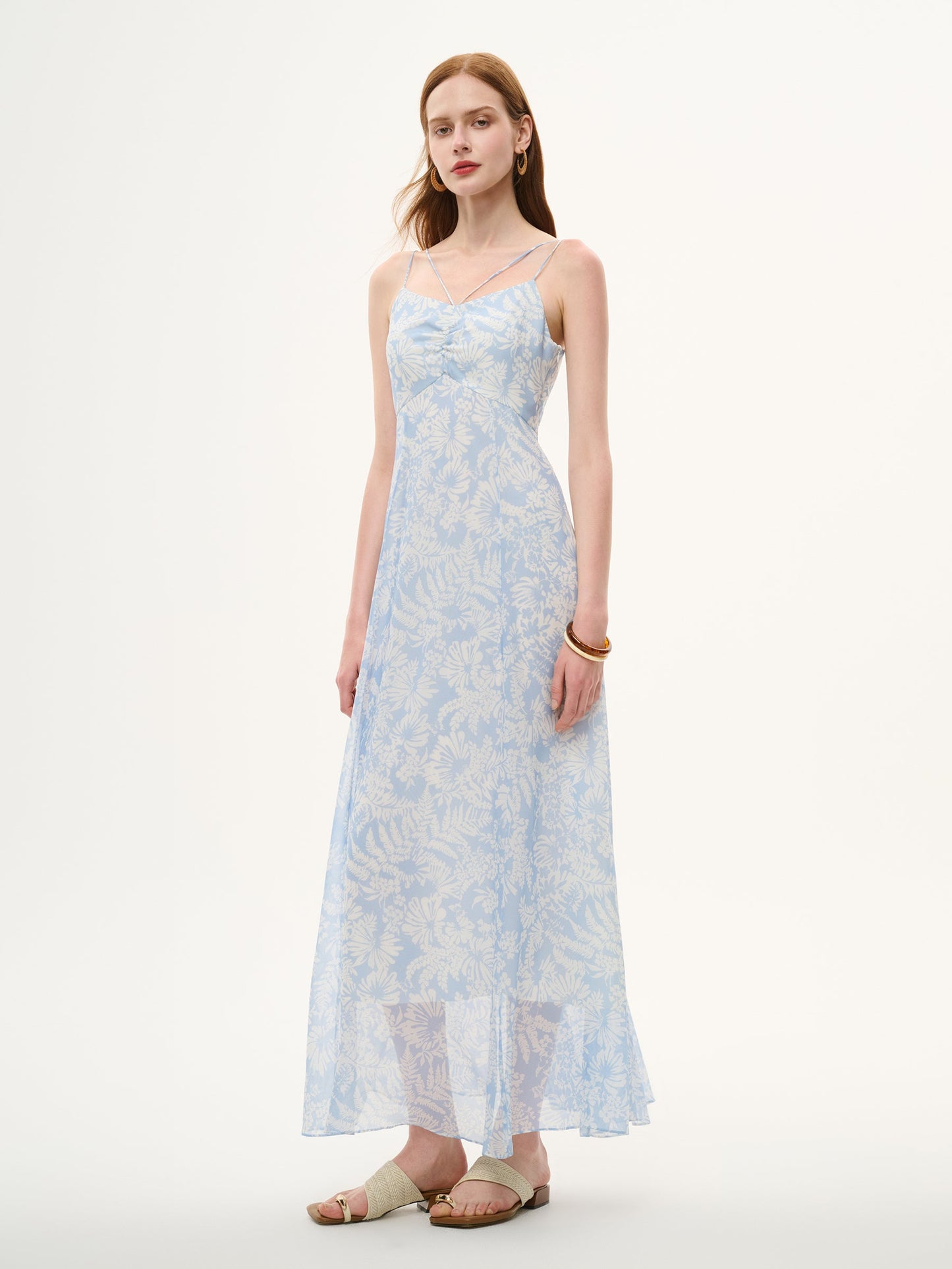 10MM Mulberry Silk Floral Print Women Strap Maxi Dress