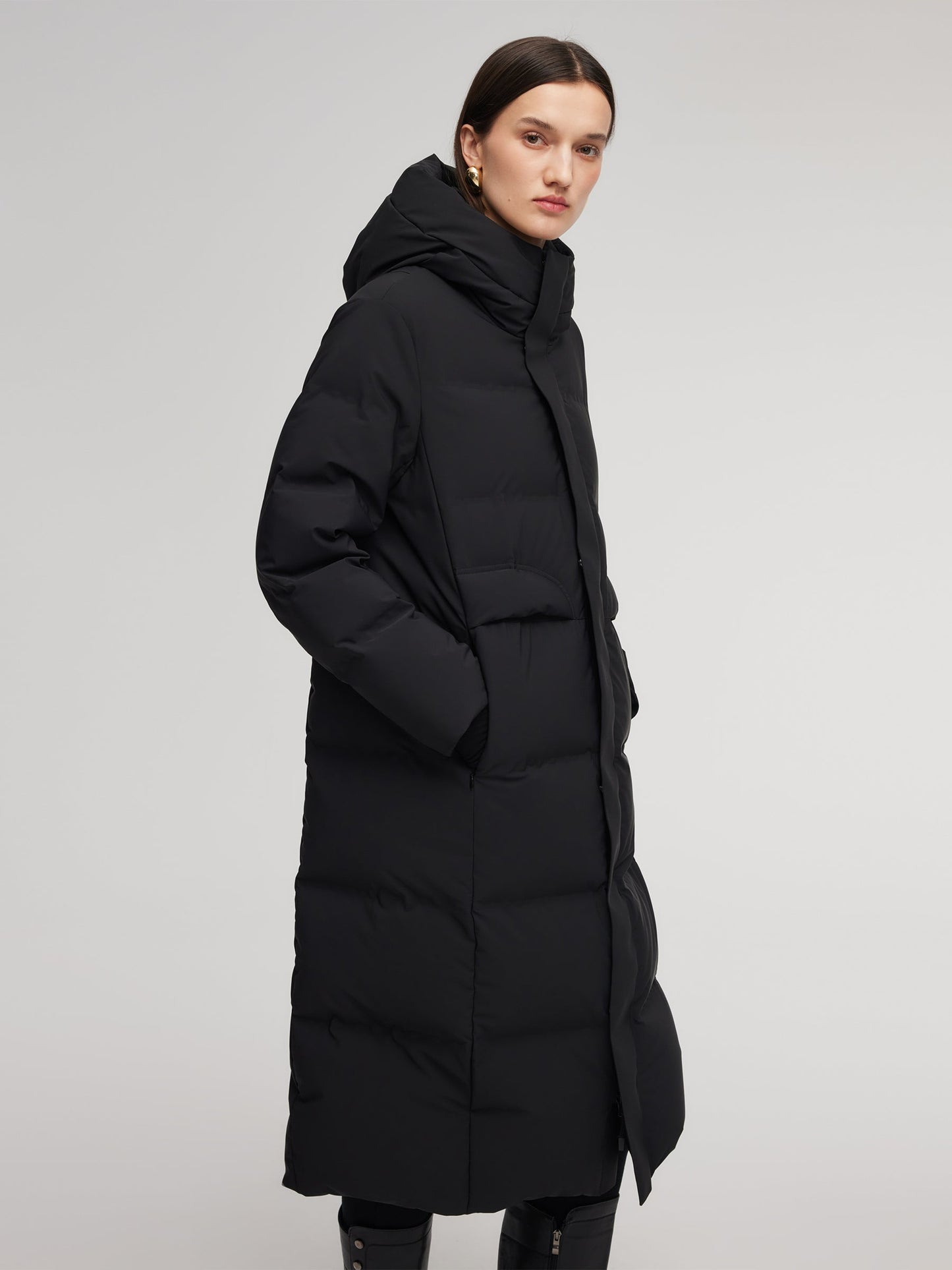 Thermal Tech Back Hooded Unisex Long Goose Down Coat