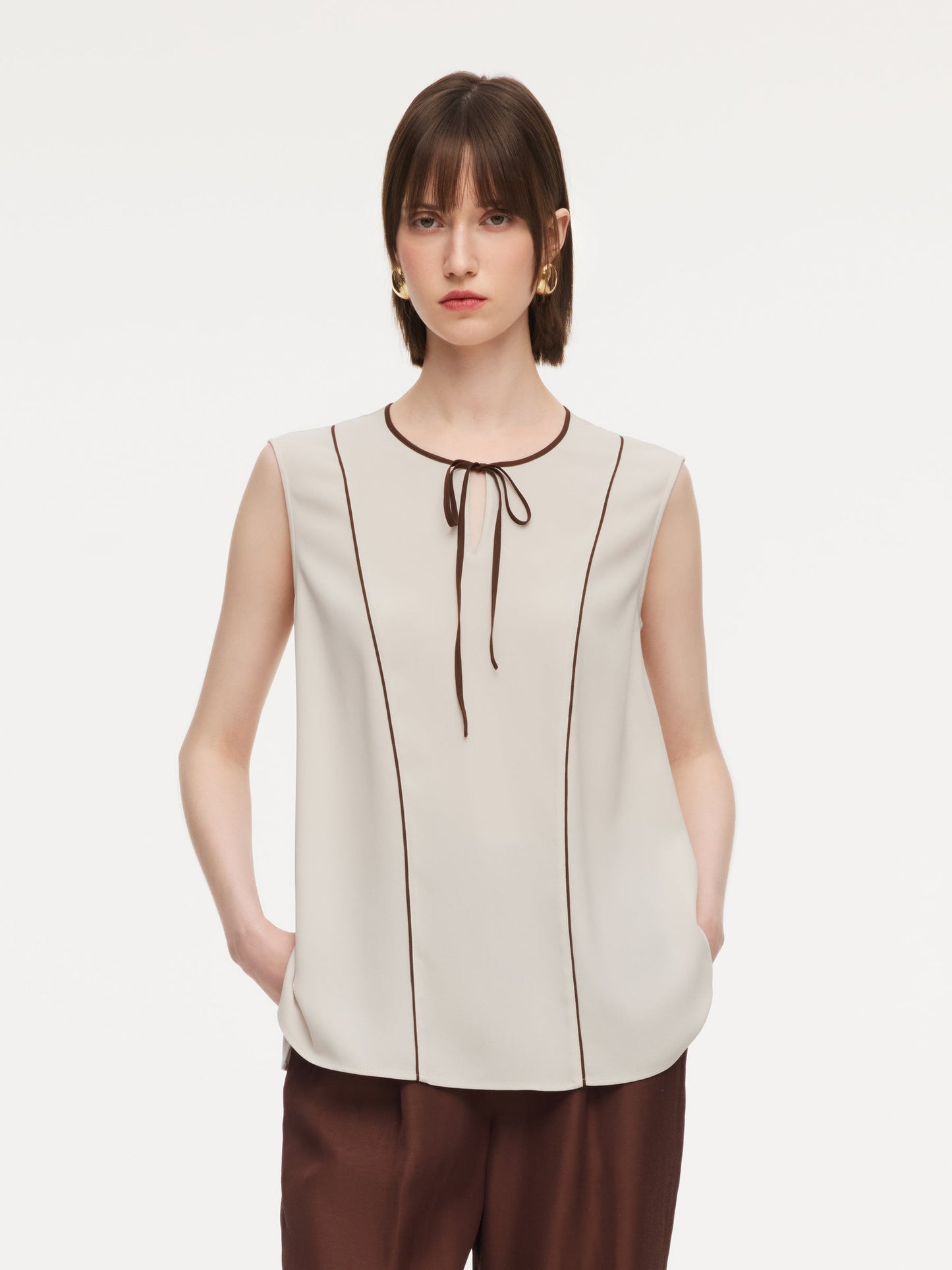 Acetate Blend Tie Front Contrast Trim Women Tank Top