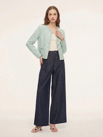 Round Neck Single-Breasted Women Textured Cardigan