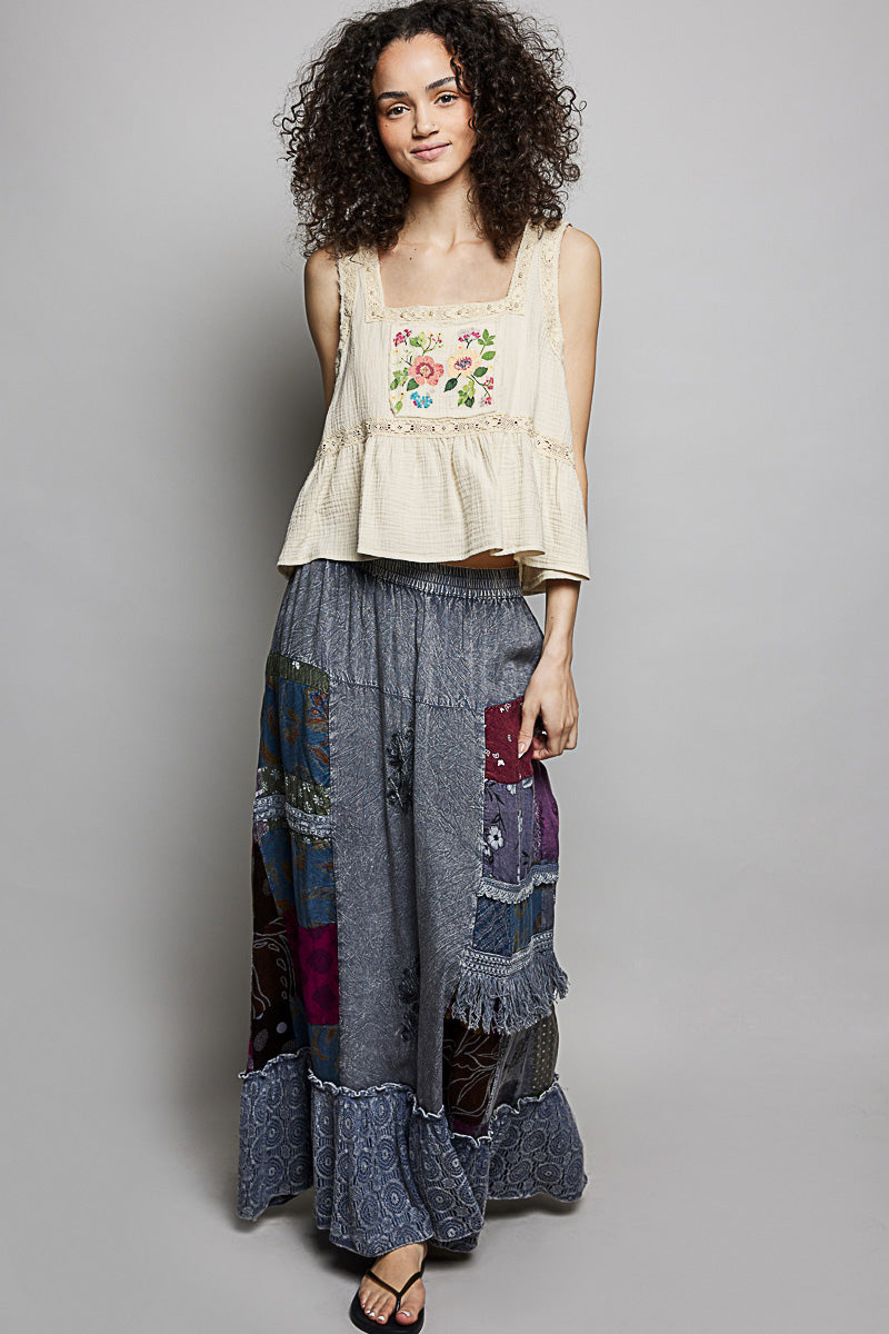 POL Printed Patchwork Embroidered Ruffled Skirt