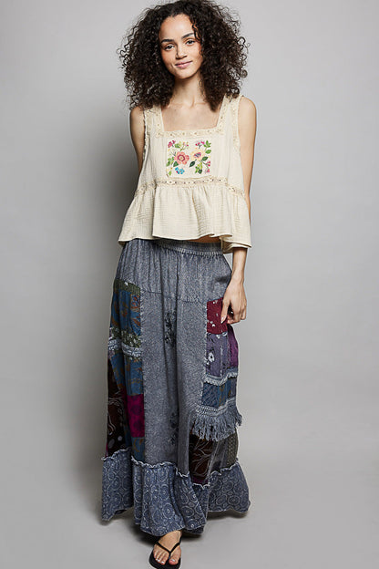 POL Printed Patchwork Embroidered Ruffled Skirt