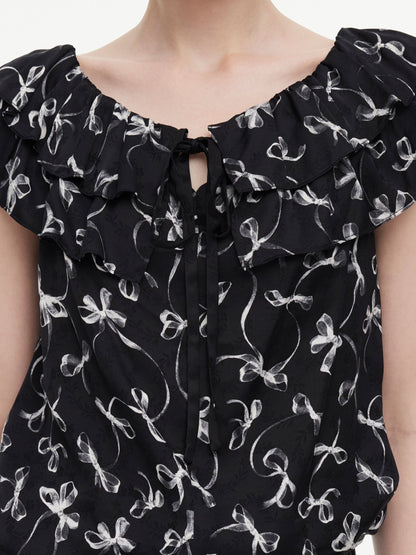Jacquard Ribbon Print Tie Front Women Ruffle Blouse