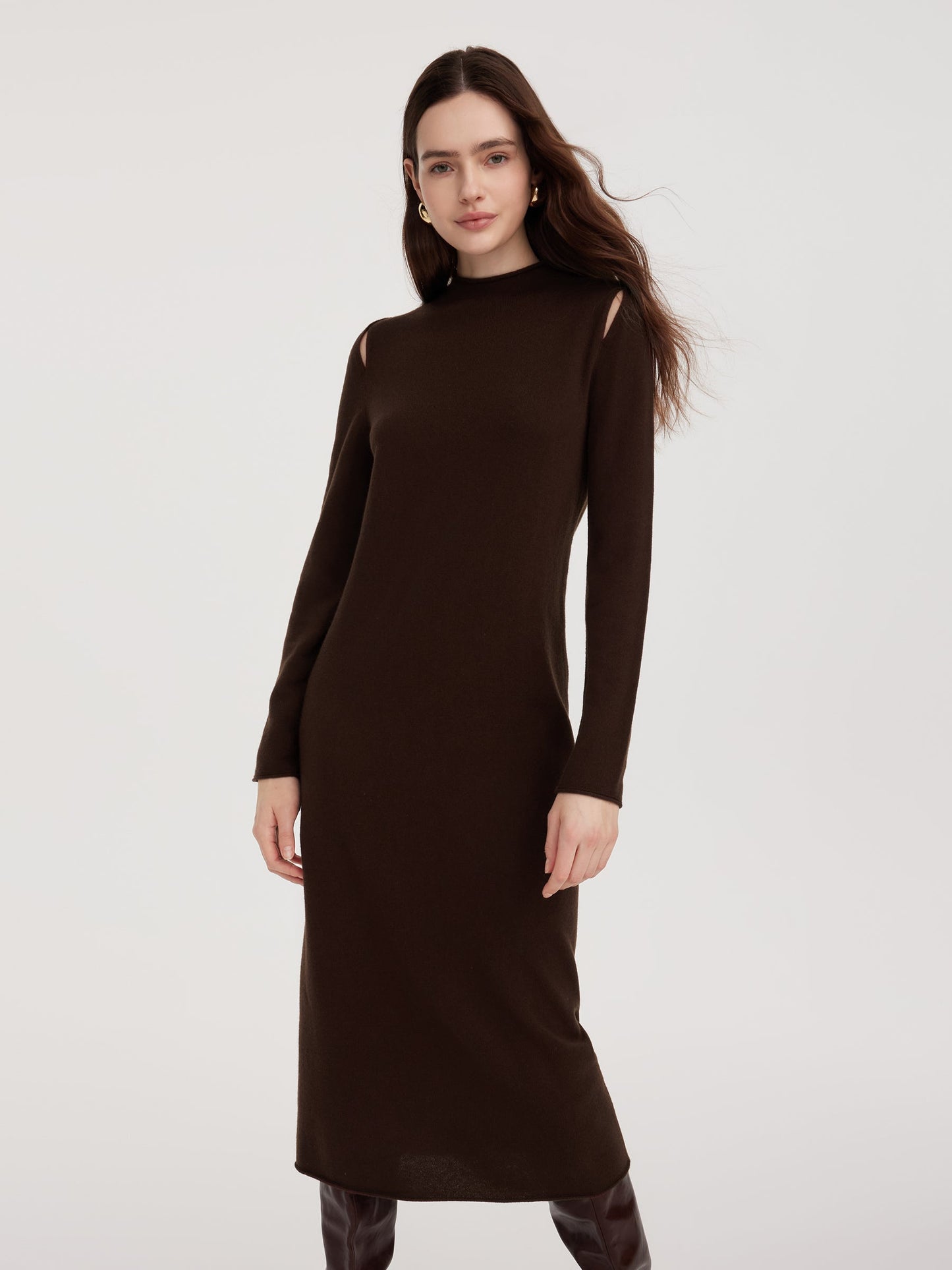 100% Wool Mock Neck Women Knit Maxi Dress