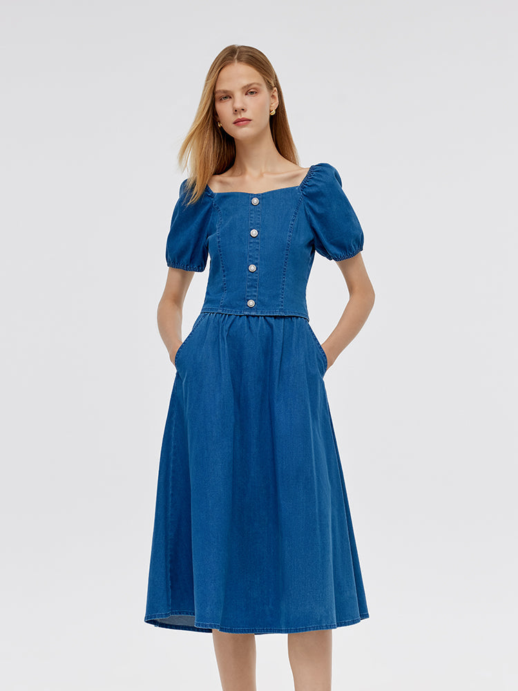 Denim Puff Sleeves Top And A-Line Skirt Two-Piece Set