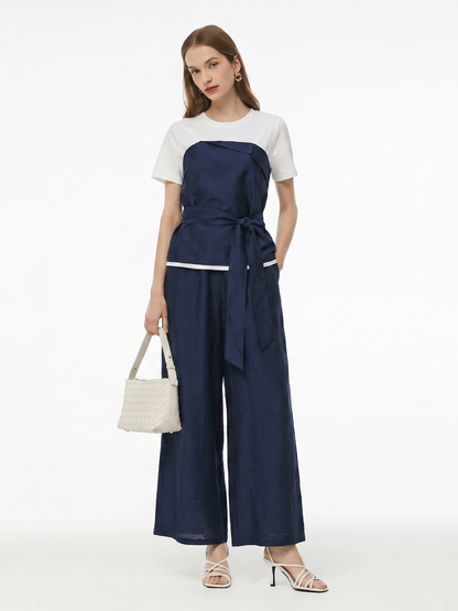 Tencel Blend Patchwork Top And Pants Two-Piece Set