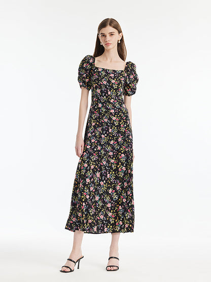 Mulberry Silk Rose Print Women Maxi Dress