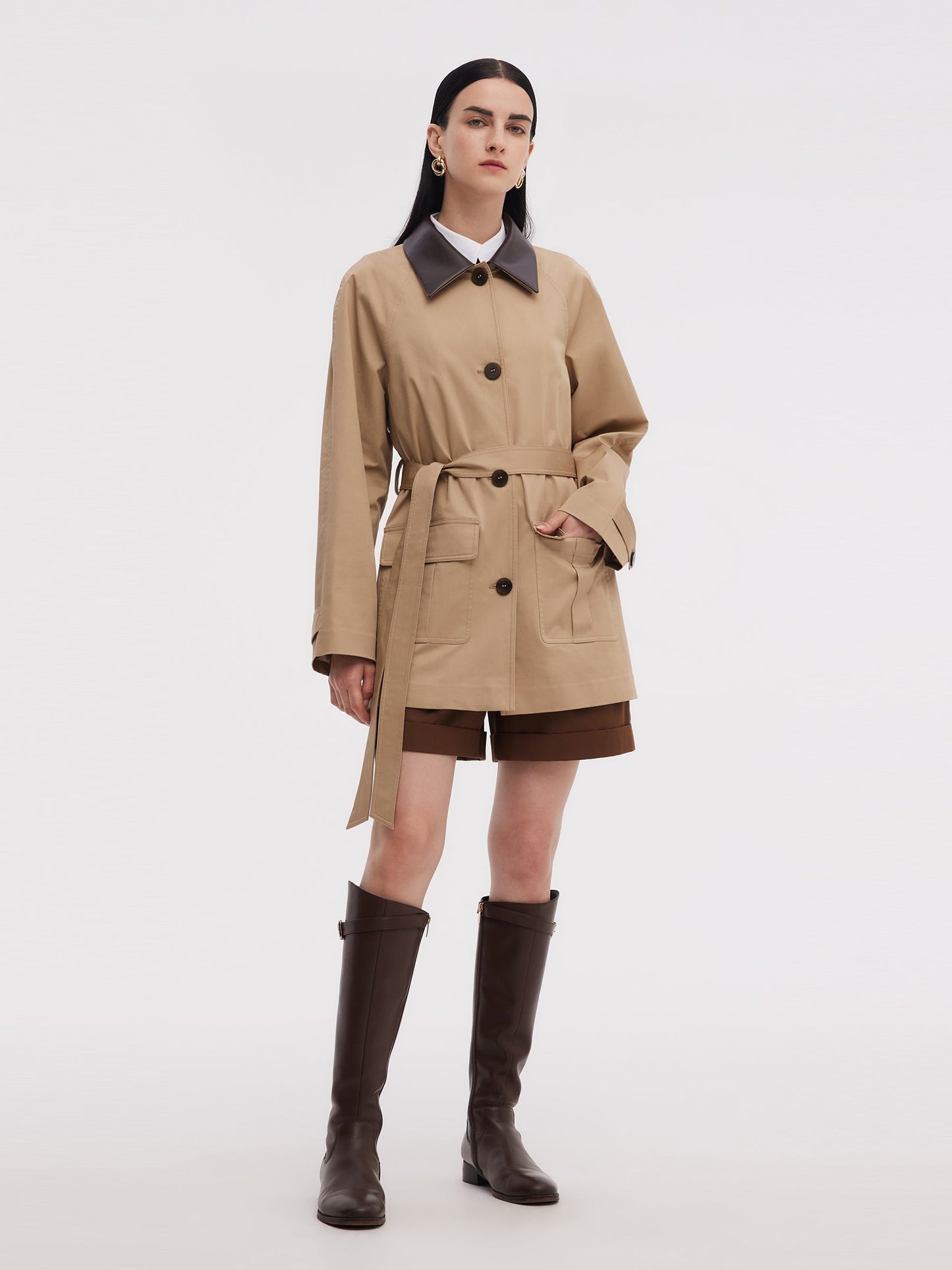 Cotton Adjustable Cuffs Self-Tie Belt Women Trench Coat